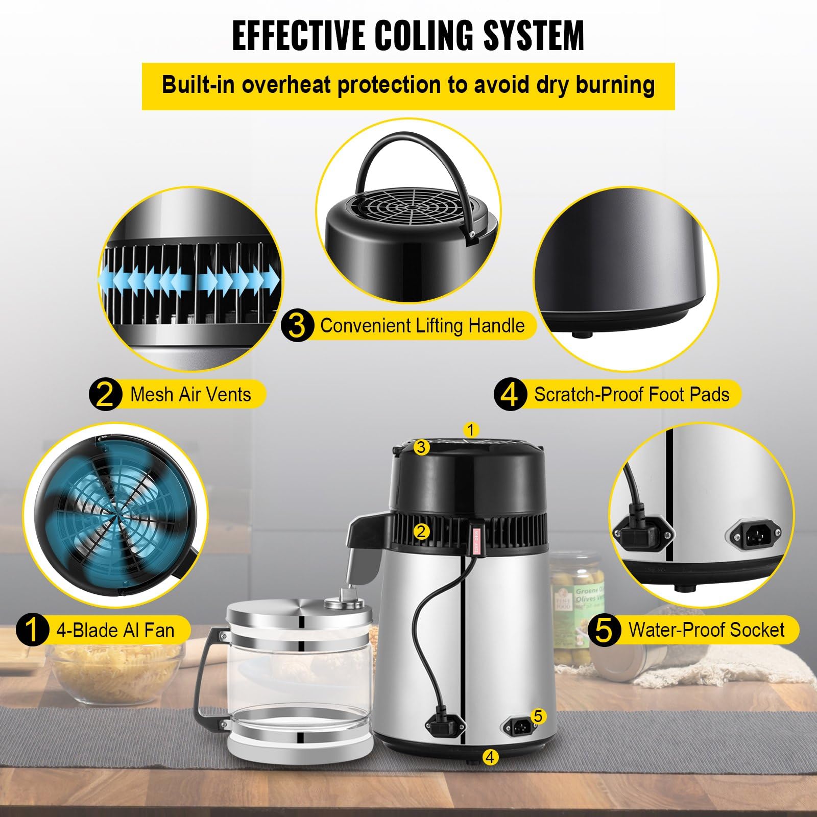 Máquina de Agua Destilada 4L 750W 1L/H, Destilador de Agua Potable para Laboratorios y Hospitales