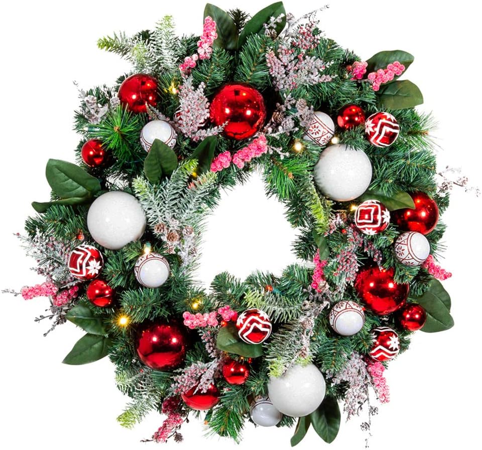 [30 Inch Artificial Christmas Wreath] - Nordic Collection - Red and White Decoration - Pre Lit with 50 Candy Cane Colored LED Mini Lights - Includes Remote Controlled Battery Powered Timer