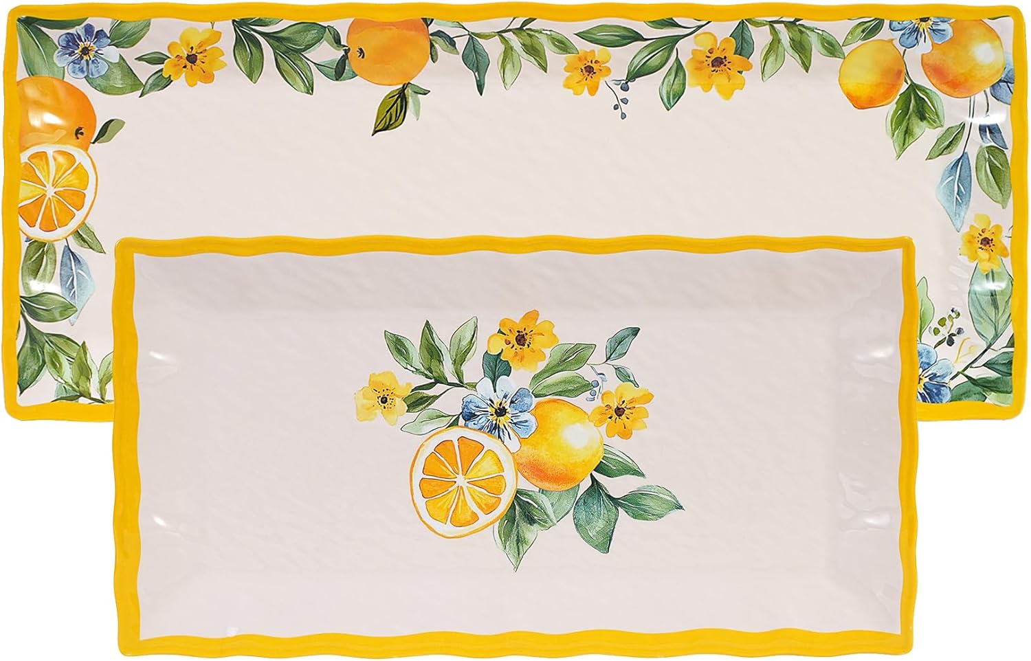 2 pcs Melamine Tray Set with Lemon Design, 19 Inch and 14.5 Inch Large Serving Plates, Unbreakable Dinnerware for RV, Camping, Party, Easy Clean