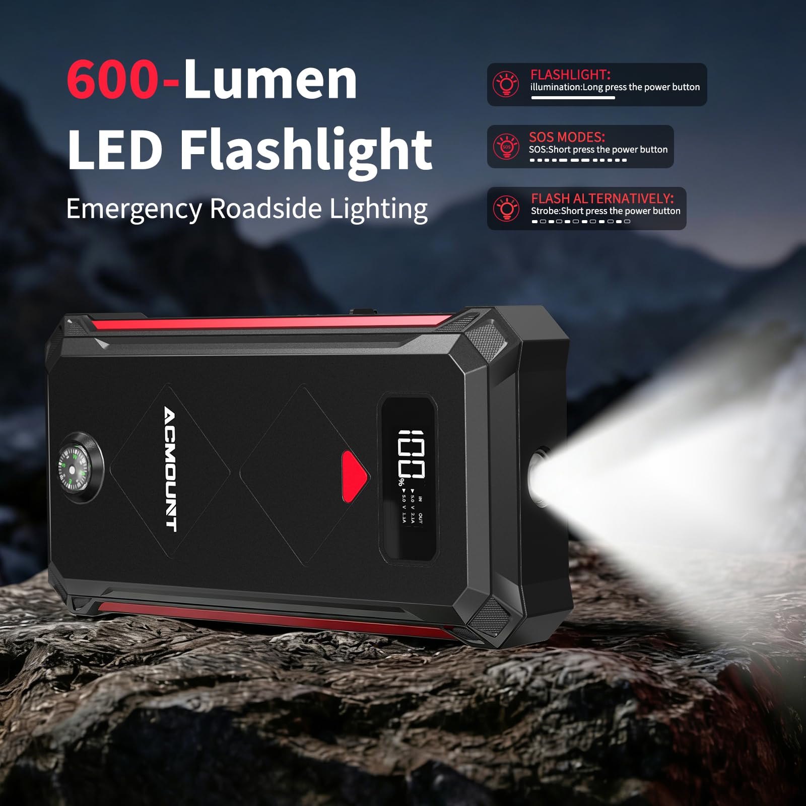 7000A Jump Starter Power Bank, 23800mAh Rozrusznik Samochodowy, Przenośny Wzmacniacz Baterii 12 V(Do 12L Benzyna/10L Diesel) Booster Baterii z Latarką LED, Kablami Rozruchowymi, USB i Kompasem