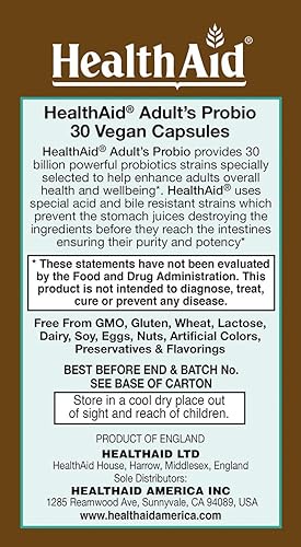 Miniatura 2 de HealthAid AdultsProbio 30 mil millones, 10 cepas, una vez al día, 30 mil millones con cepas prebióticas, resistentes a ácidos y bilis, sin lácteos y