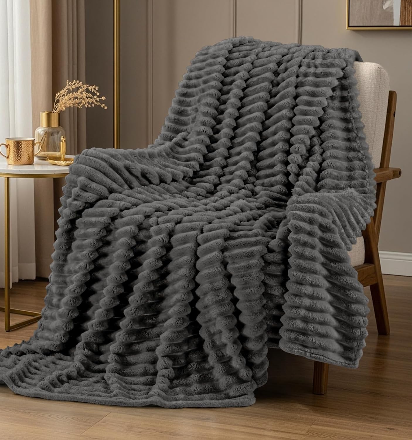 Utopia Bedding Grey Striped Fleece Blanket King Size – Fluffy, Warm & Lightweight Ribbed Throw for Bed, Sofa & Chair - Soft Cozy Blanket for Home Décor & Gifting (90x102 Inches)