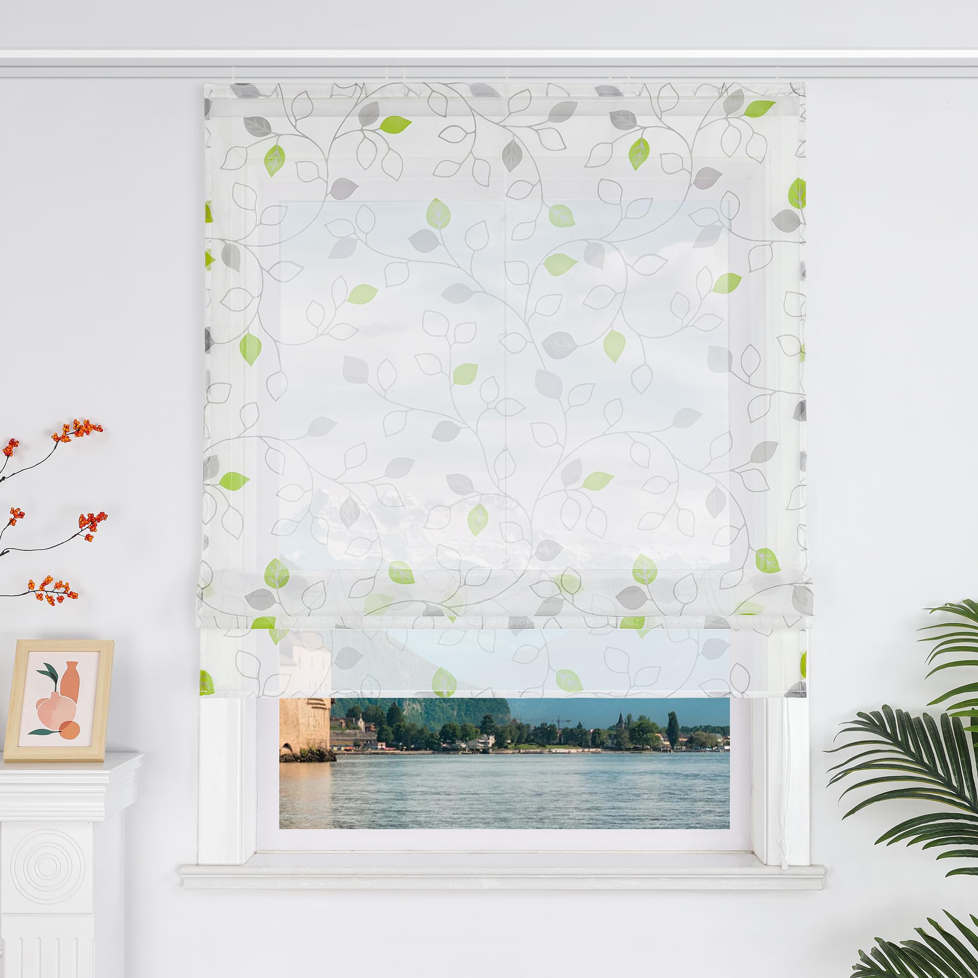 Yujiao Mao Raffrollo Mit Klettband Küche Gardinen Transparent Raffgardine Mit Blattmuster Moderner Vorhang Weiß Für Esszimmer Badezimmer BxH 140x140cm Grün 1 Stück