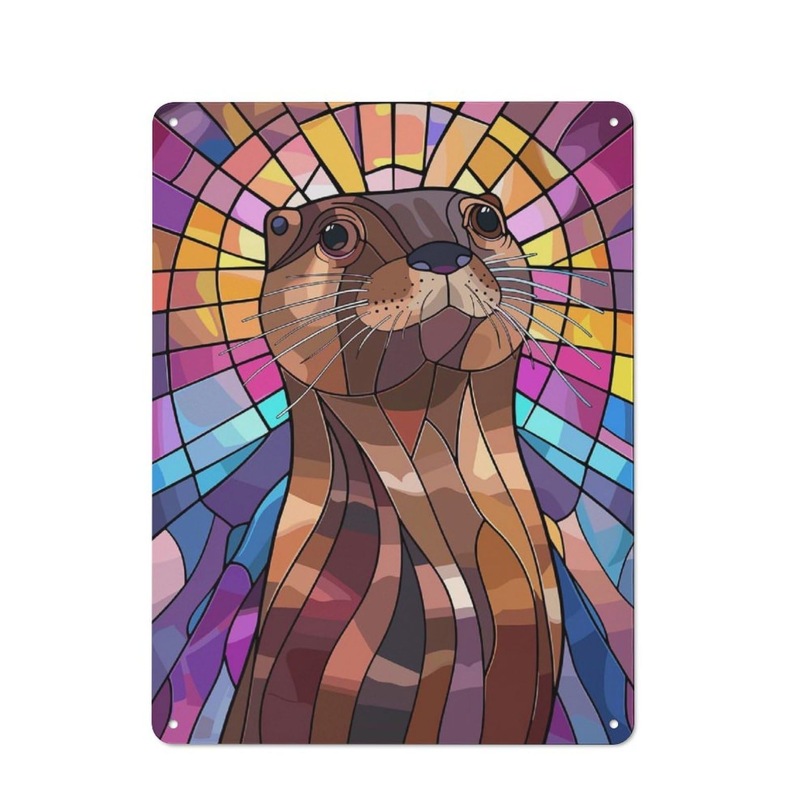 Junmoney Style-19 Retro Metal Wall Sign 40X30cm With Stained Glass Otter Portrait For Bar Or Restaurant, Autumn Wall Decor For Restaurant Interior Fans