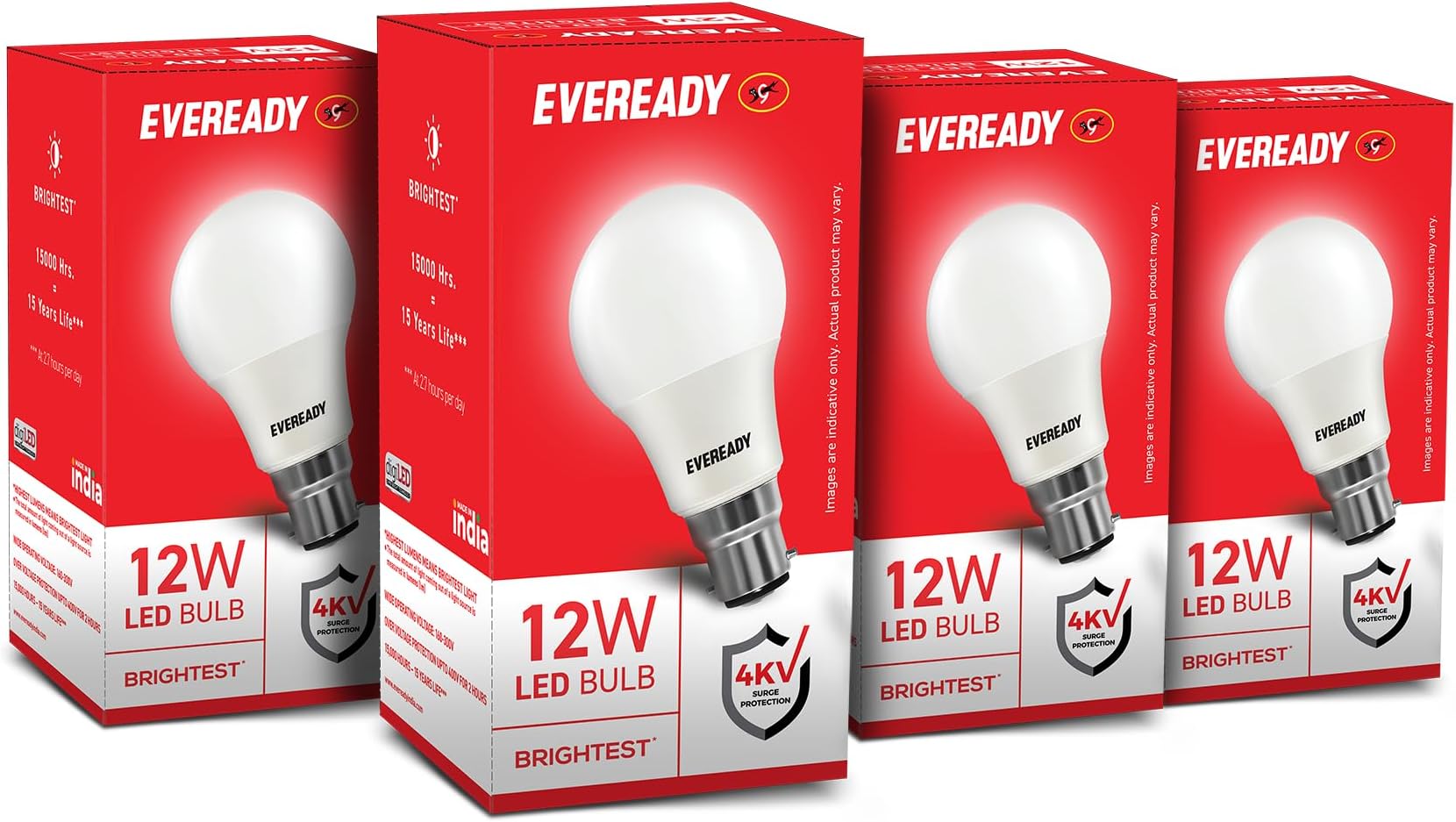 - 12W LED Bulb, Cool White Day Light (6500K), E27 Base, Energy-Efficient, 4kV Surge Protection, Long-Lasting Durability, Pack of 4