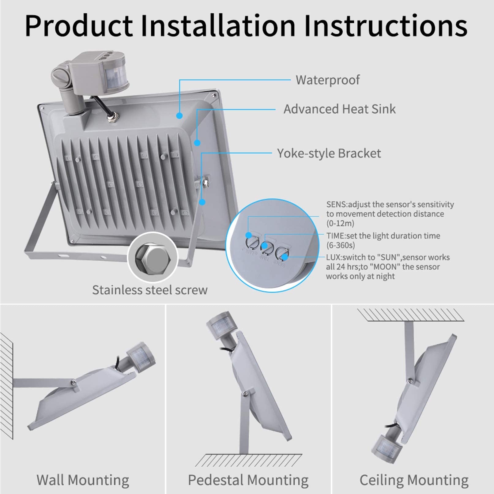 Focos Led De Luz Blanca Diurna De 100 W, Luces De Seguridad Impermeables Ip65, Luz De Trabajo De 8000 Lúmenes Y 6500 K con Sensor Pir, Ideal para Estanques De Jardí