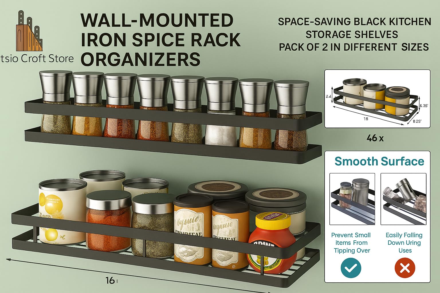 Wall Mounted Iron Spice Racks - 3 Sizes -5