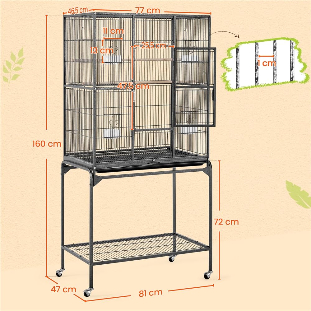 Yaheetech Vogelvoliere Vogelkäfig mit Tür Vogelhaus Vogelbauer mit 4 Rollen 47 x 81 x 160 cm