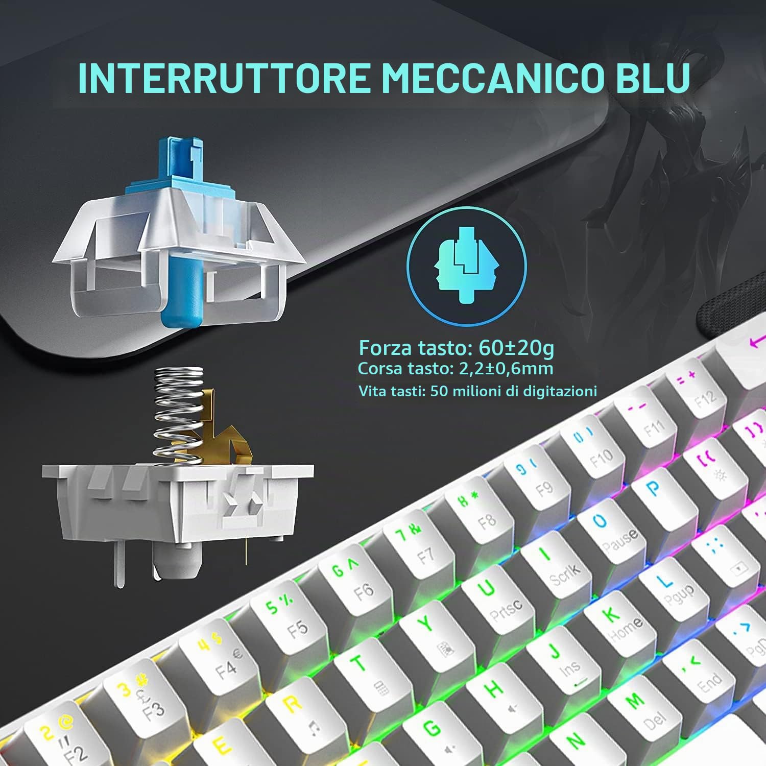 FELiCON x ZIYOU LANG T60 Tastiera da gioco meccanica al 60%, Tastiera Gaming Cablata Type-C, Compact 62 Tasti, 19 RGB Rainbow Chroma Retroilluminato, Blue Switch Mechanical Keyboard per PC Mac-Bianco