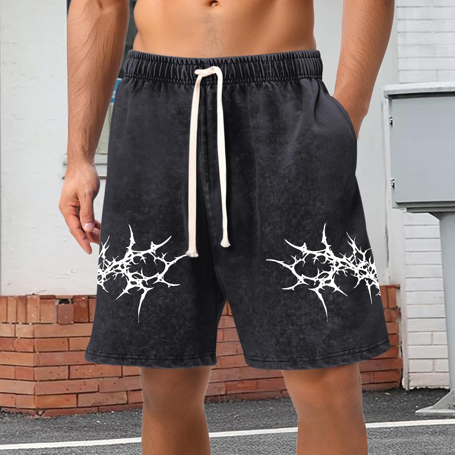 Fkatuzi Graphic Shorts Men Y2k Streetwear Shorts Workout Athletic Running Gym Elastic Waist Vintage Acid Wash Shorts Cotton