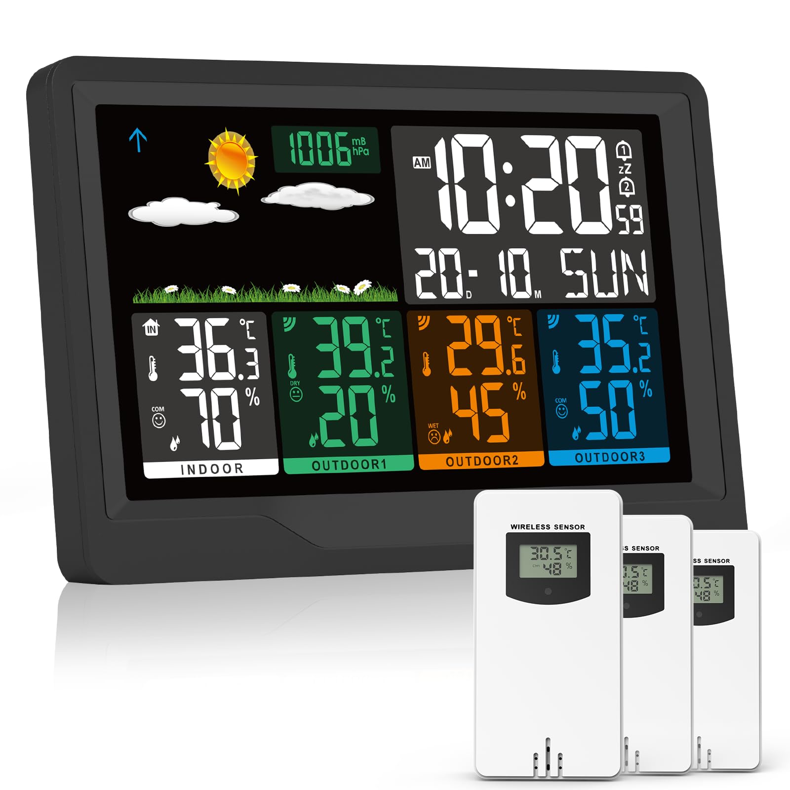 Qxmcov Wetterstation Funk mit Außensensor, Multifunktionale Wetterstation Funk mit 3 Außensensor Digital Thermometer Hygrometer Außen Innen Raumthermometer Hydrometer mit Wettervorhersage für Hau