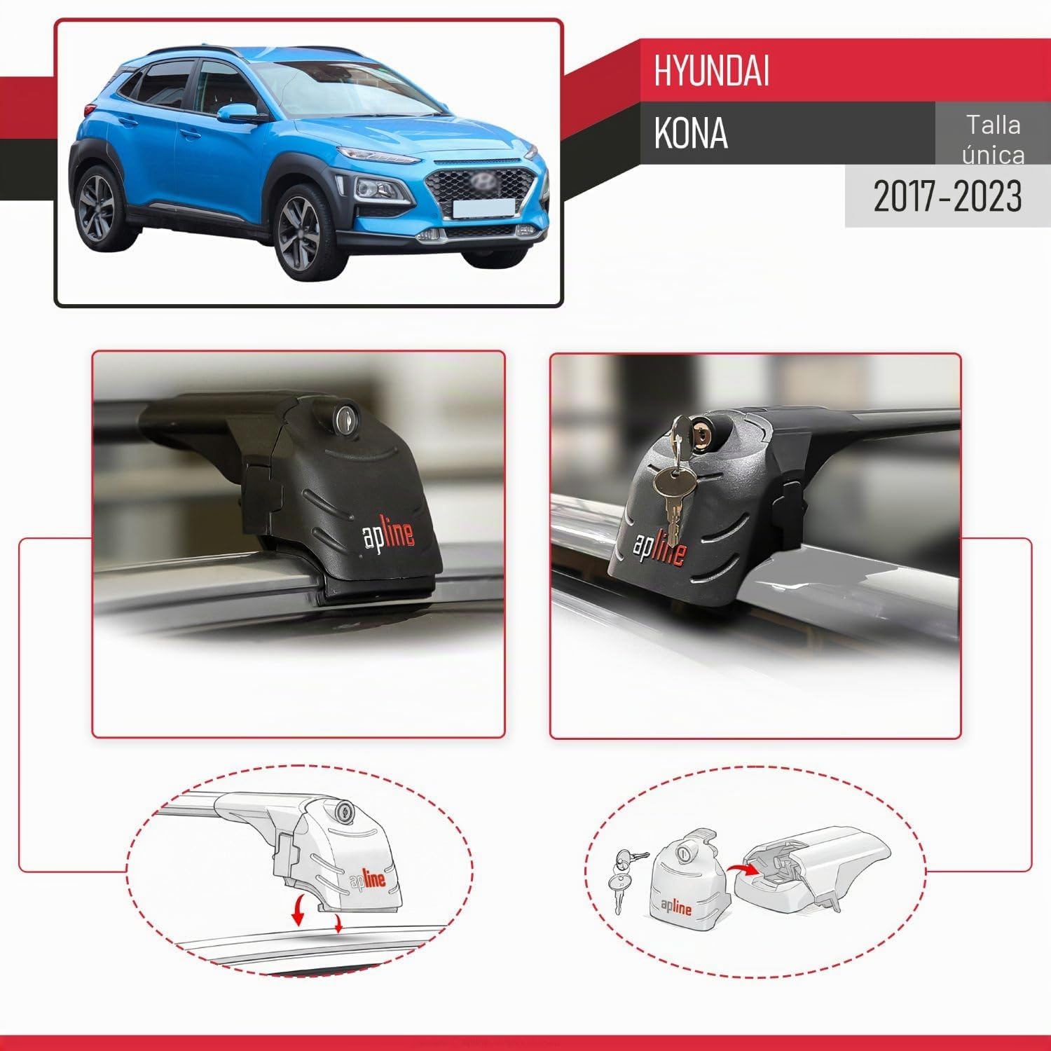 Compatible con Hyundai Kona (OS) 2017-2023 Modelo Ace-2 Barra de Techo Auto Portaequipajes Barras Transversales Negro Aluminio 2 Barras