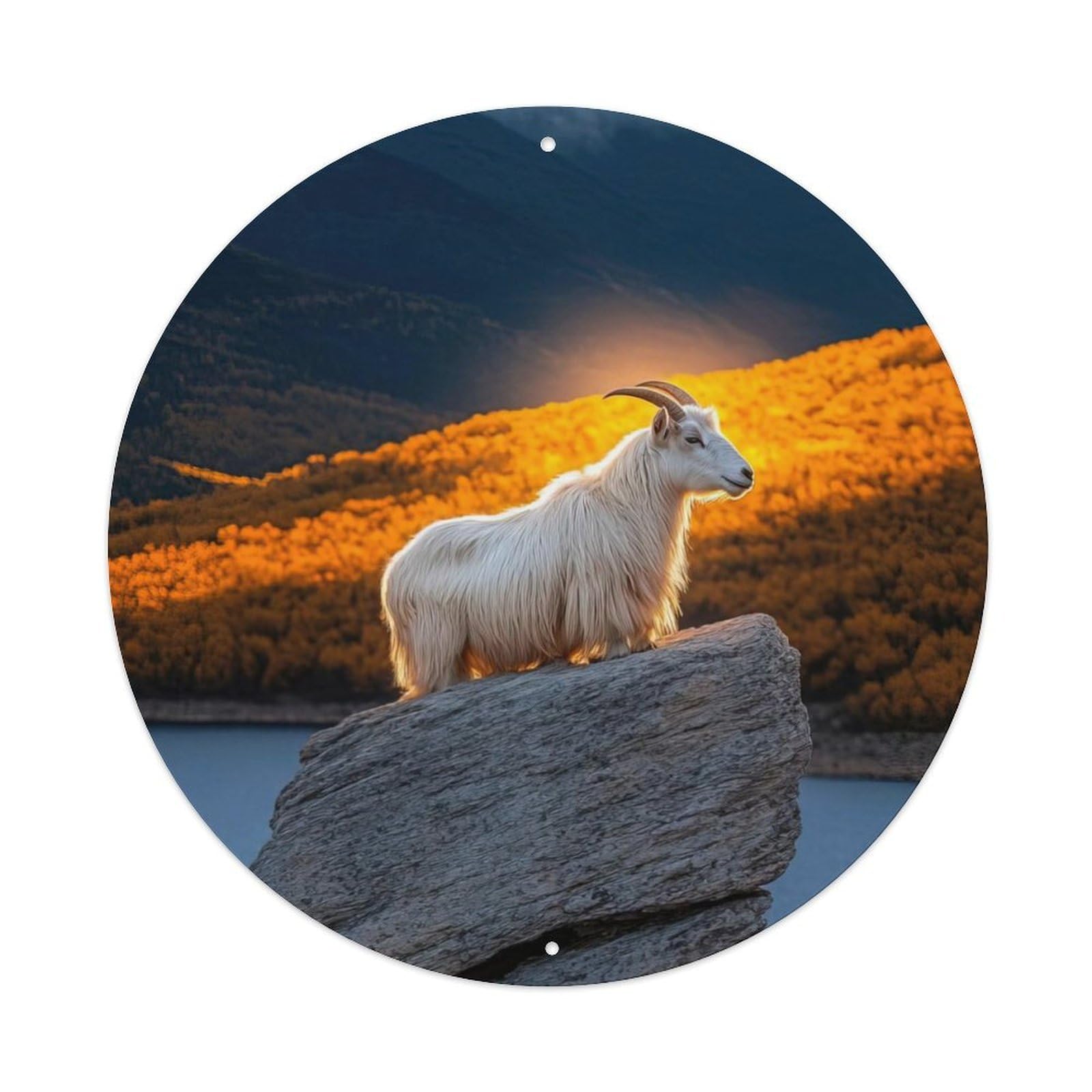 Animal Mountain Goat in Golden Light, Autumn Lake & Cliff Landscape Vintage Metal Tin Sign Plaque Wall Decor for Cafe, Club Bar, Office, Garden Metal Poster 8x8Inch