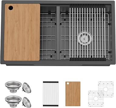 33x19 Black Stainless Steel Kitchen Sink Workstation,Undermount,Double Bowl