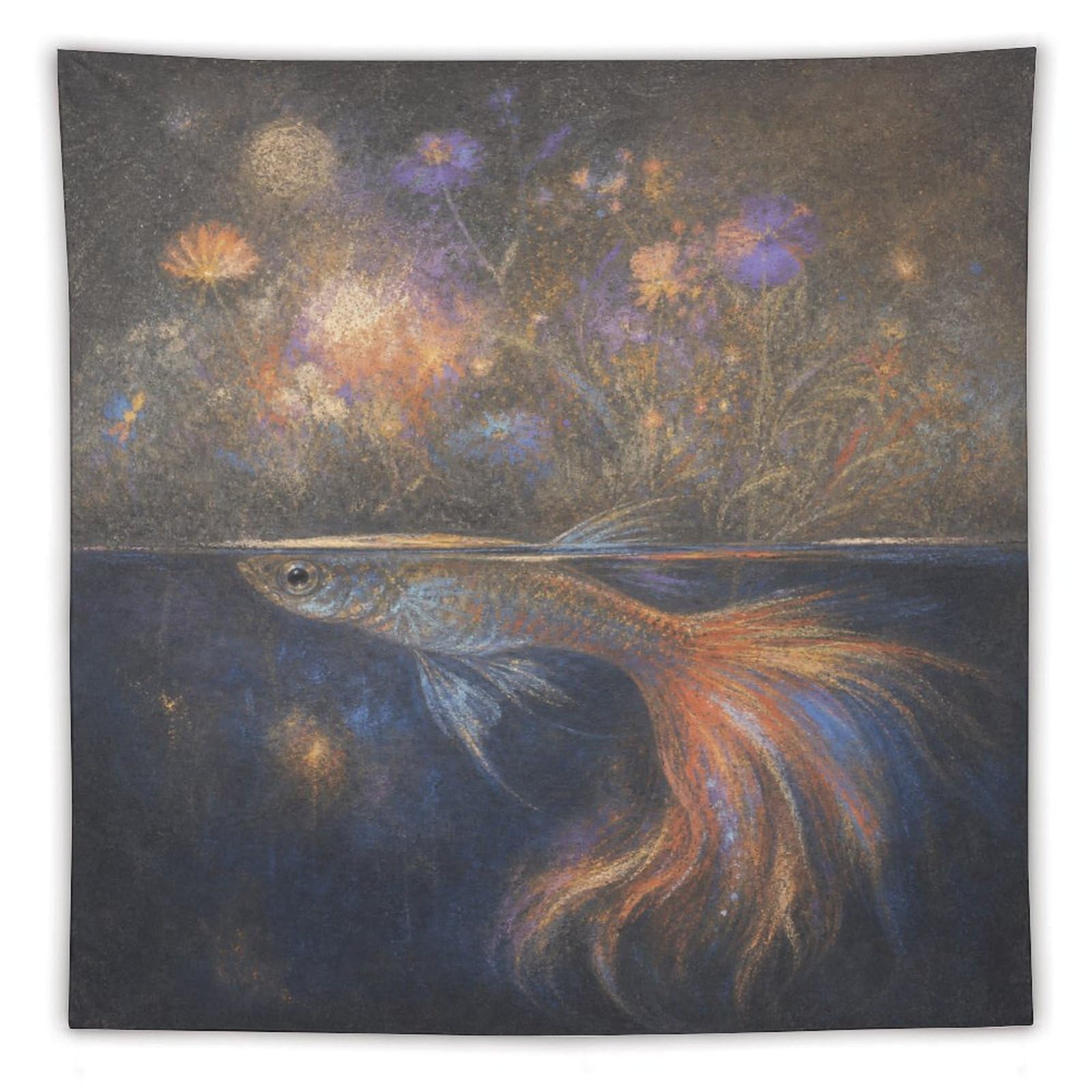 W7C8U2X3 Glowing Betta Fish Wall Tapestry, Realistic Illustration Style