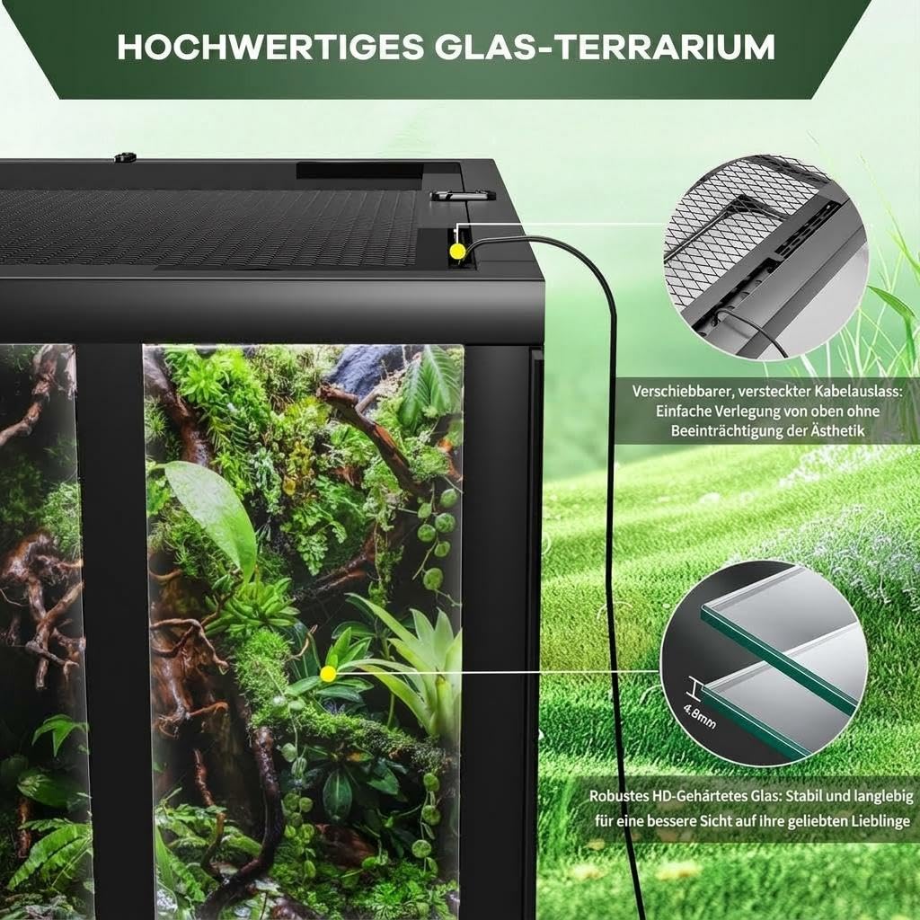 Reptilienterrarium aus Glas, Reptilien Terrarium Ausbruchsicheres Design, wasserdichte Basis, Oberlüftung, Doppel-Flügeltür, Reptilientank für Chamäleon, Bartagame, Echse, 61× 46 × 61 cm