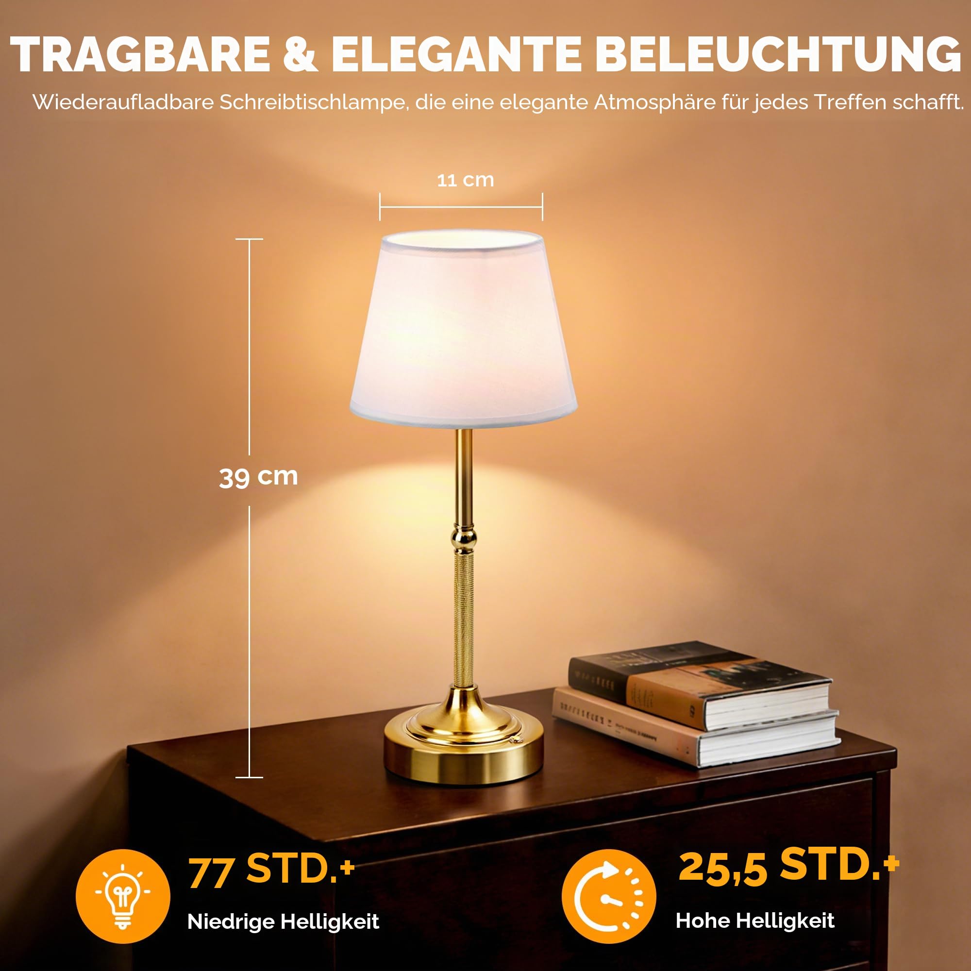 LUTEC Kabellose Tischlampe, batteriebetriebene Lampe, 3 Farben, stufenloses Dimmen, kleine Touch-Nachttischlampe, Heimdekoration für Esszimmer, Theke (2, Gold)