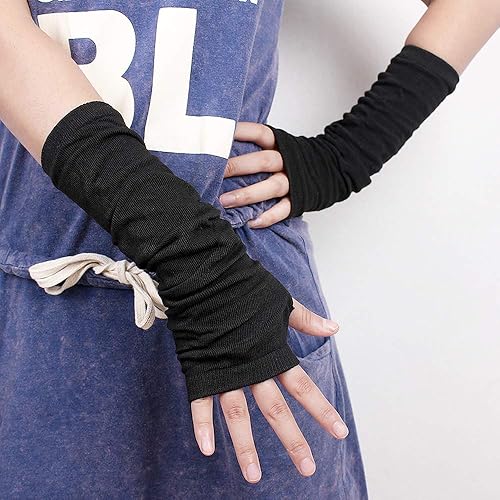 Miniatura 6 de Guantes largos unisex sin dedos para mujer, calentadores de brazos, guantes elásticos de punto con agujero para el pulgar