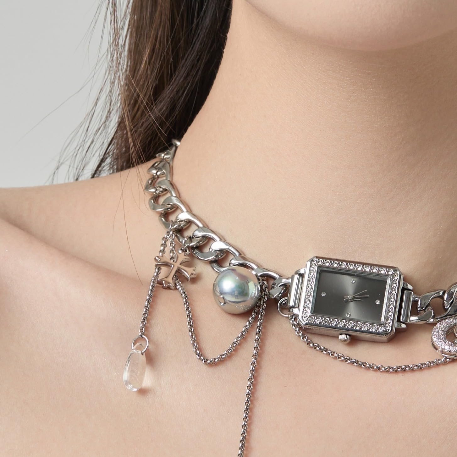 Watch-Inspired Clavicle Necklace with Tassels,Unique Vintage Cyberpunk Chain, Retro-Inspired Statement Jewelry for Women