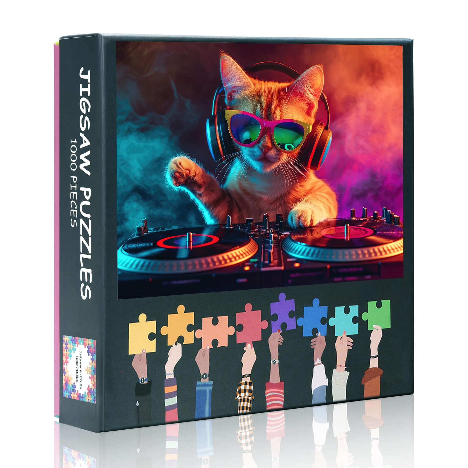 Jigsaw Puzzle for Adults - A Ginger Cat wearing Neon Sunglasses and Headphones 1000 Piece Puzzles DJ Cat with Colorful Smoke Effects Challenging Puzzles Gifts 50x70cm