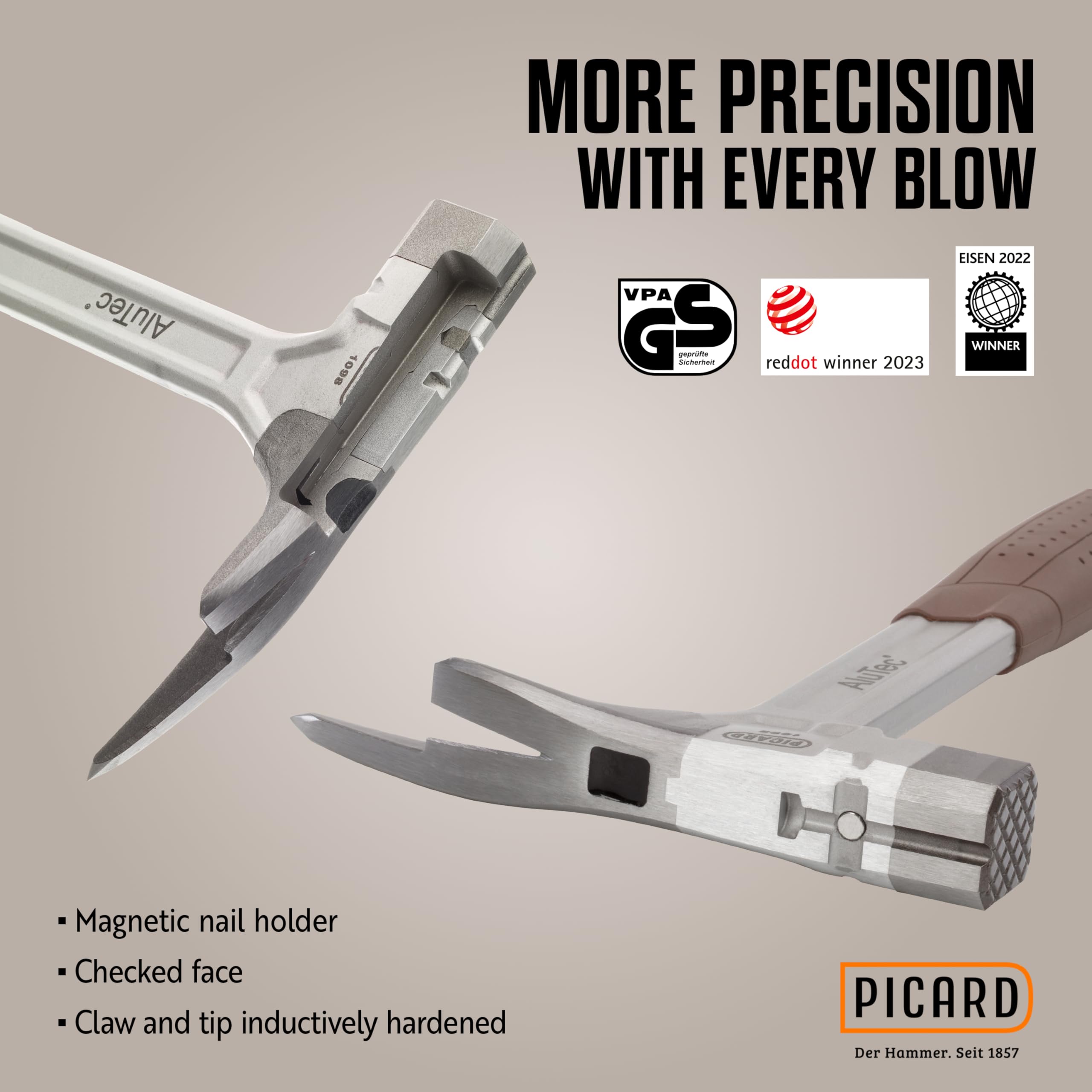 PICARD AluTec® nr 1098 Młotek dachowy, szorstki szyn, profesjonalne narzędzie ręczne dla dekarzy i stolarzy, ergonomiczny i wytrzymały, waga całkowita 750 g, certyfikat VPA, z magnetycznym uchwytem na