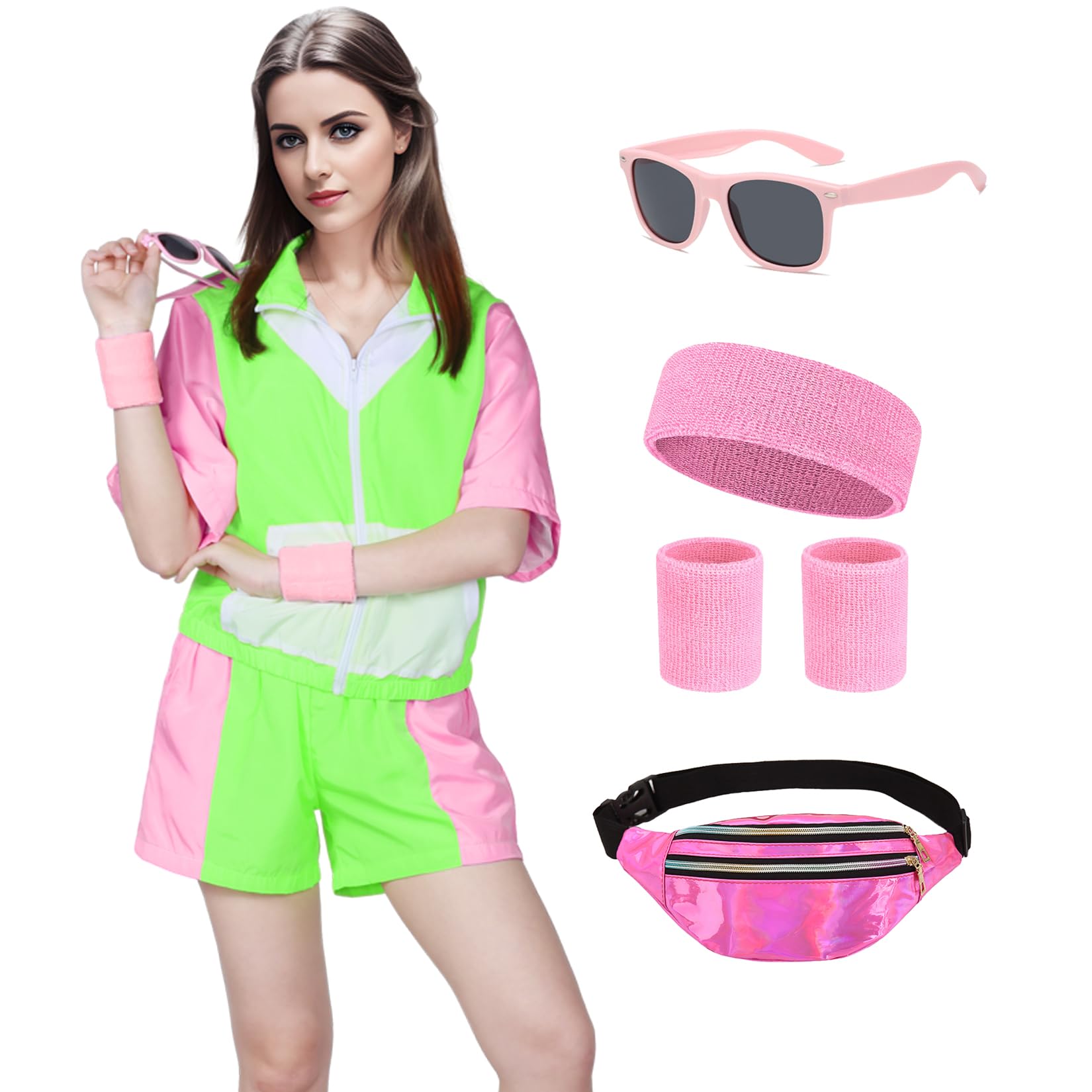 Alaiyaky80s Shell Suit for Women, 80s 90s Fancy Dress Tracksuit Womens Full Set with Jacket Shorts Fanny Pack Sweat Bands Glasses, Fashion Retro Tracksuit for Carnival Halloween Party