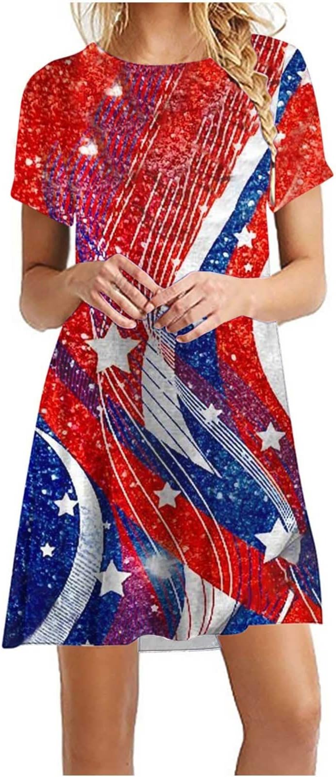 xinxinyu Independence Day Dress Crewneck Short Sleeve UK Elegant Day Print Dress Modest Dresses for Women Dressy Summer Dresses Mature Woman Birthday Gifts for Women Wife