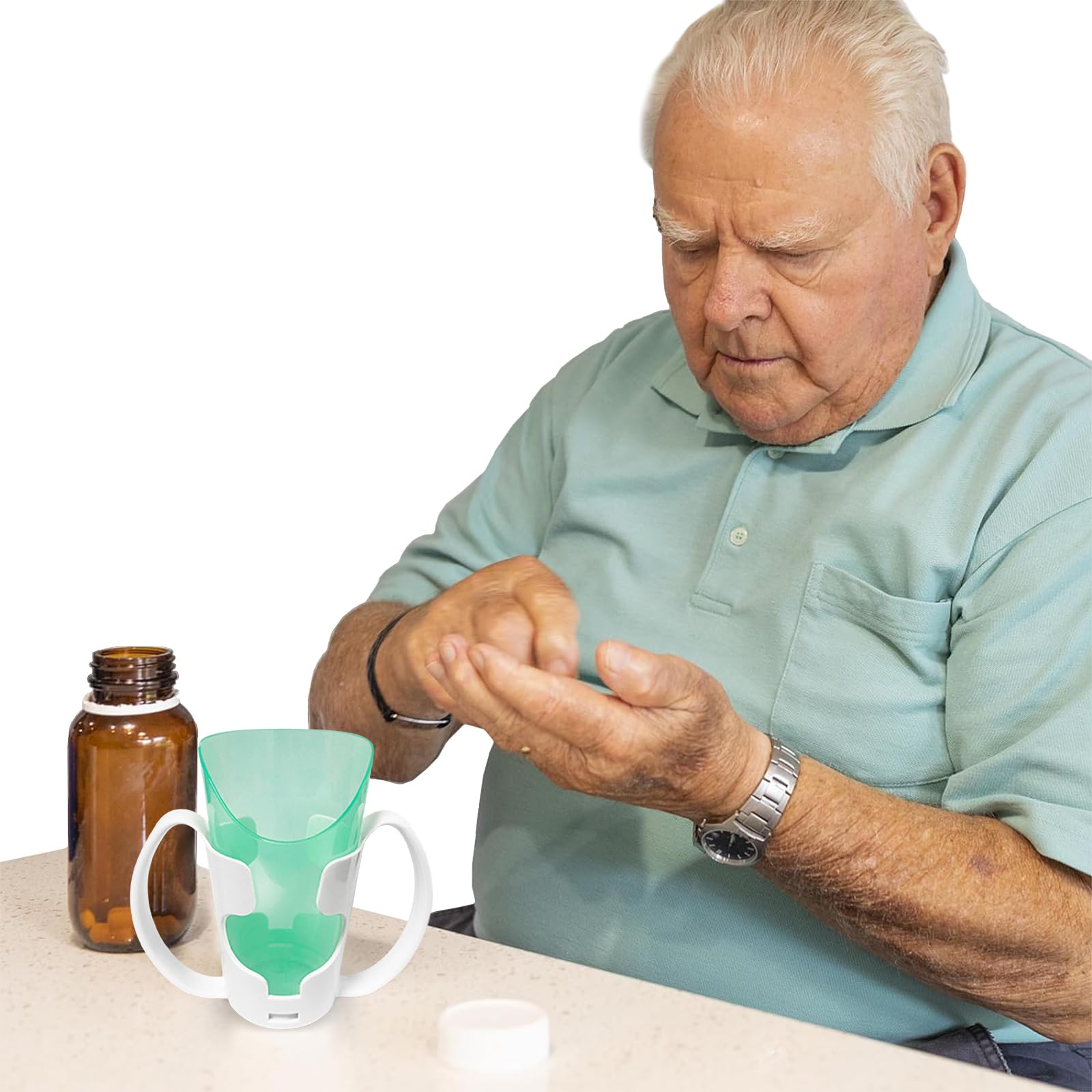 GREUS Vaso de 250 ml para beber con soporte desmontable, 2 asas, vasos de convalecencia, utensilios para ancianos, lesiones de cuello, pacientes con espondilosis cervical