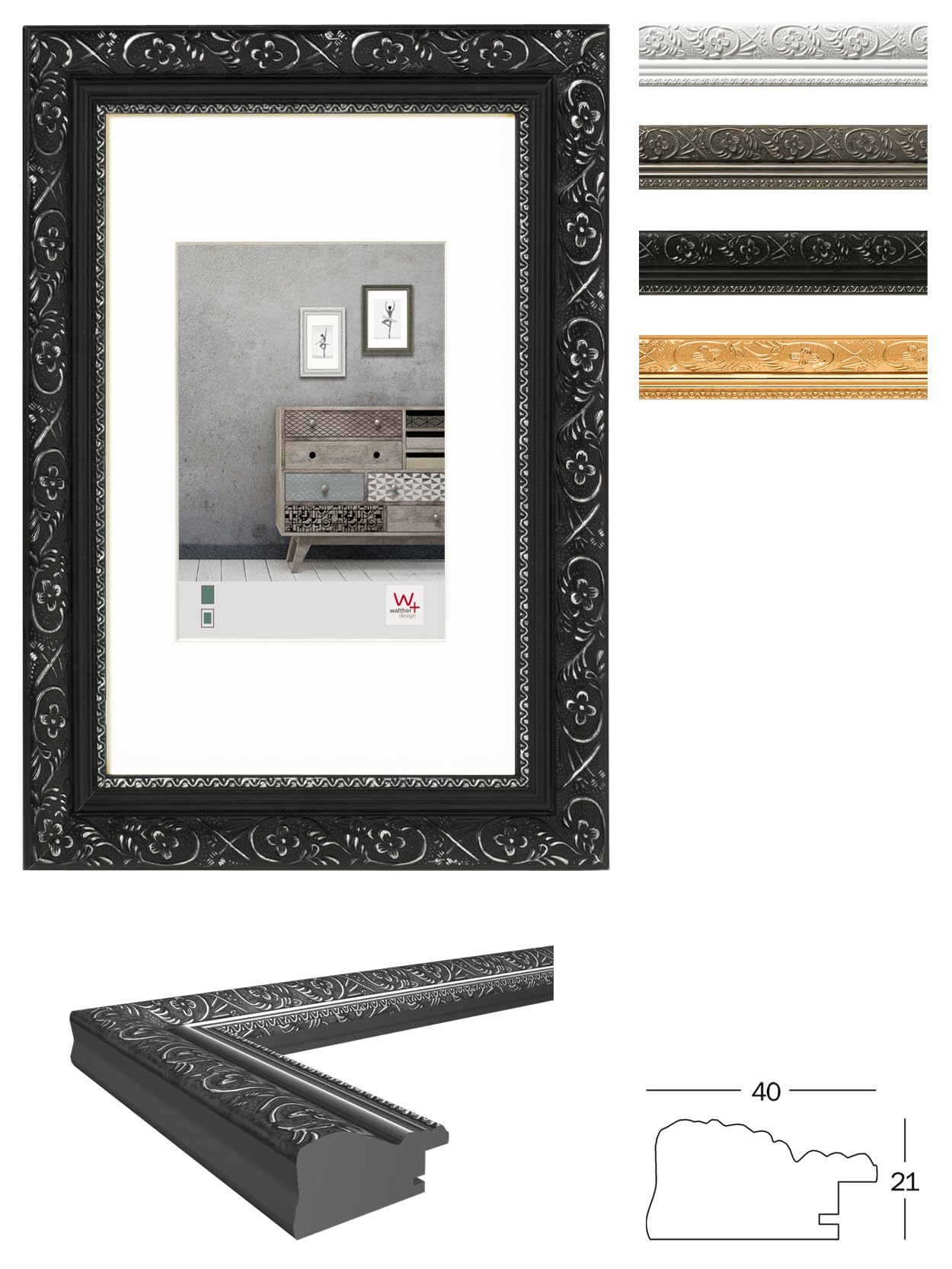 walther design CR030G Baroque Wooden Picture Frame 20 x 30 cm Gold