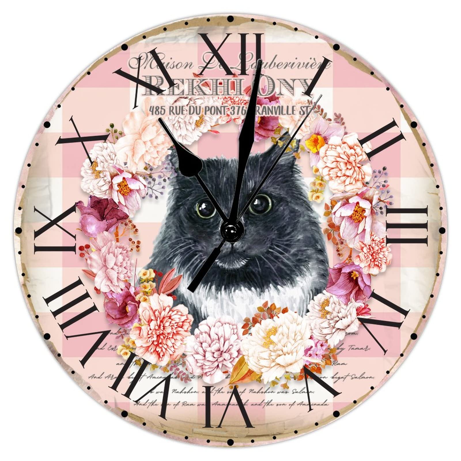 Horloge murale en PVC rétro chic fleurie de 30 cm avec chiffres romains