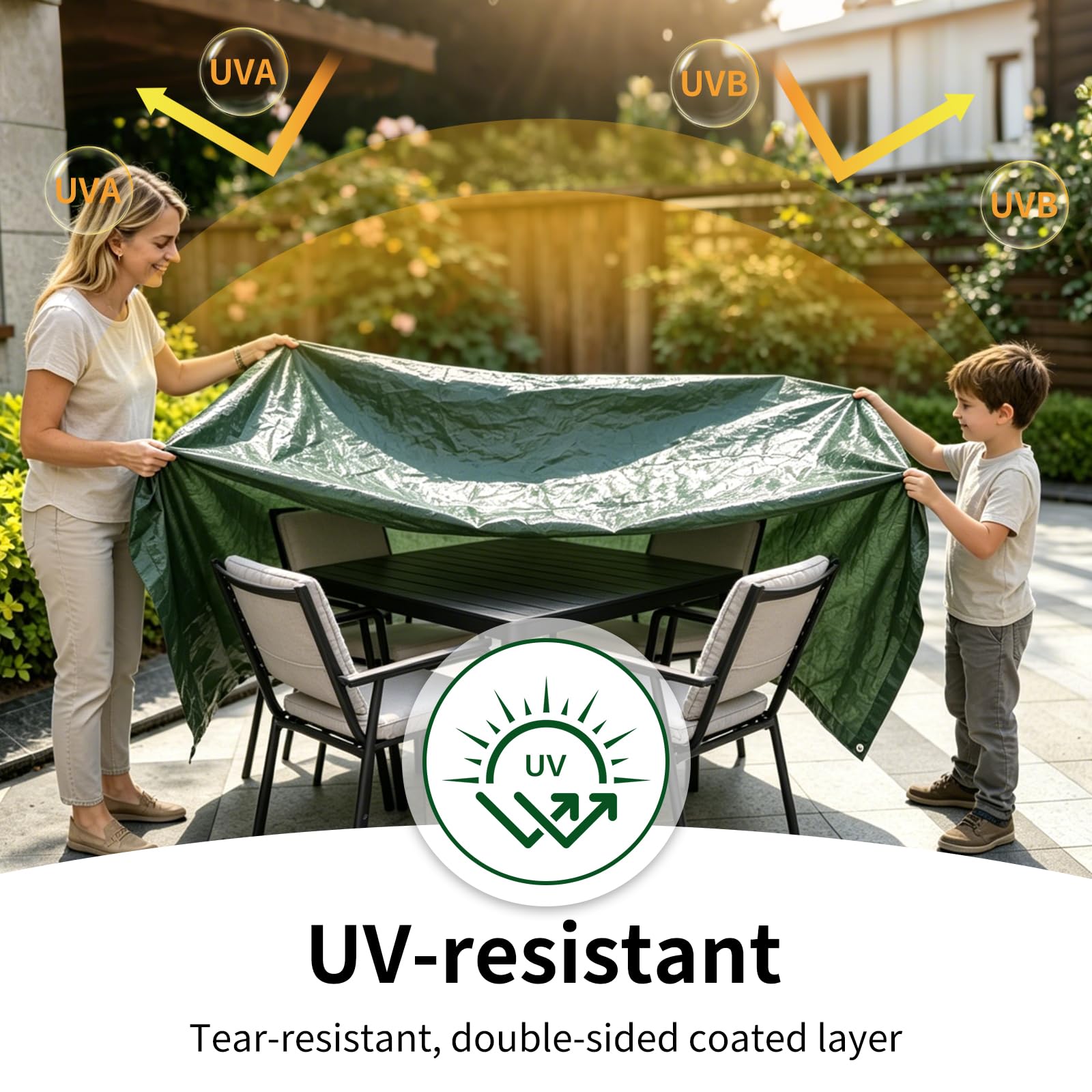Telo Impermeabile Esterno Polietilene 3x5m 140 g/m² Telone Occhiellato per Barche, Legno, Piscina, Mobili da giardino, Auto, Telone da Giardino, Verde e argento