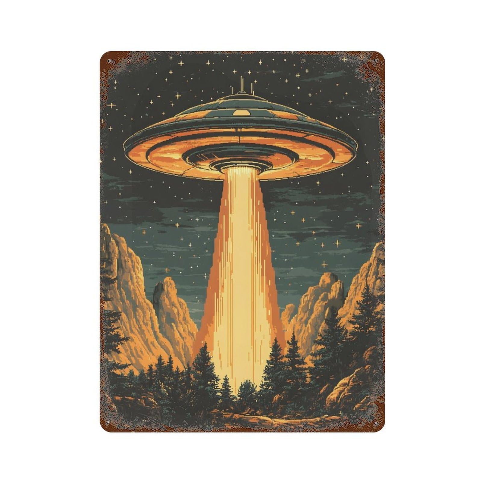 UFO Over Forest 15.7"x11.8" Rusty Metal Tin Sign, Novelty Wall Decor for Cafe, Home Bar And Lounge Decor