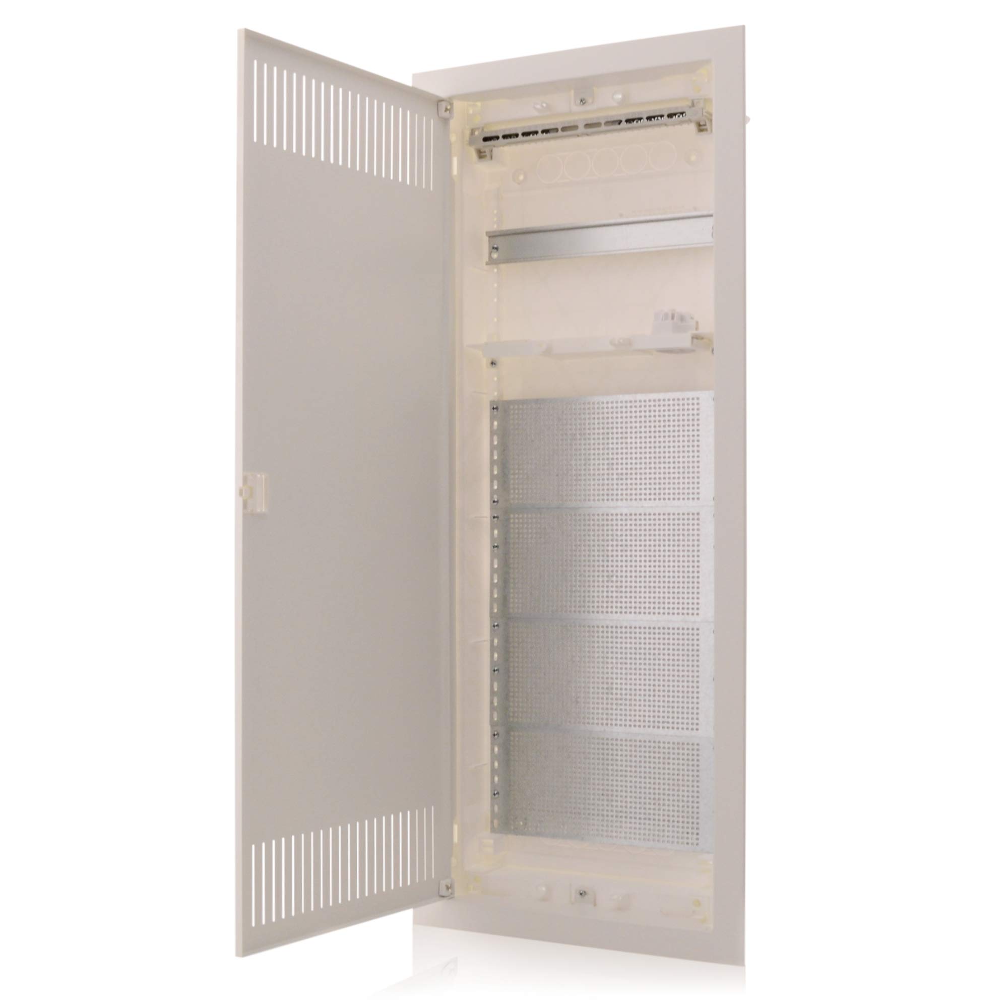 Intratec boîtier multimédia et tableau de distribution combiné encastré, IP30, 842 x 346 x 92 mm, 1 rangée, 12+2 modules, porte en acier blanc RAL 9003, répartiteur de communication