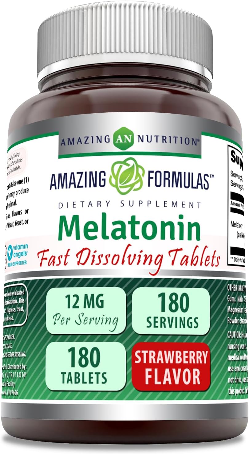Amazing Formulas Melatonin 12 mg Per Serving Tablets Supplement | Non-GMO | Gluten Free | Made in USA (180 | Strawberry)