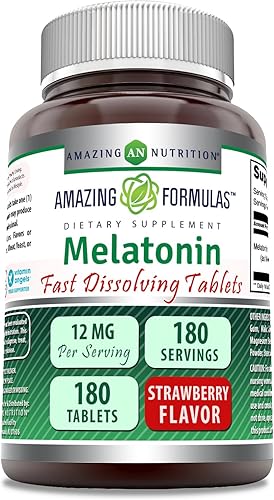 Amazing Formulas - Suplemento de melatonina de 12 mg por porción, 180 tabletas, sin OMG, sin gluten, fabricado en Estados Unidos (sin sabor, 180