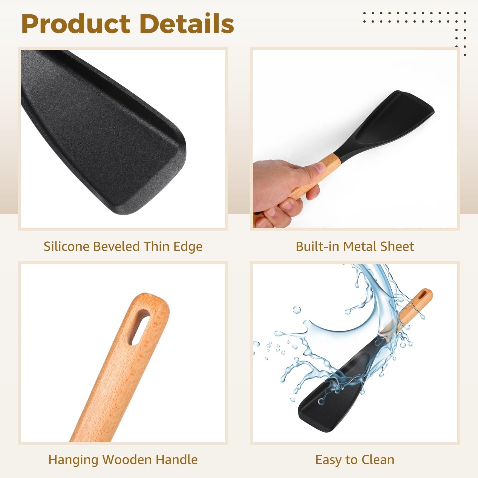 Lot de 4 cuillères de cuisine avec manche en bois, cuillère salade en silicone, ustensiles noirs à suspendre, pour mélanger, prélever et servir, pour poêles et casseroles antiadhésives