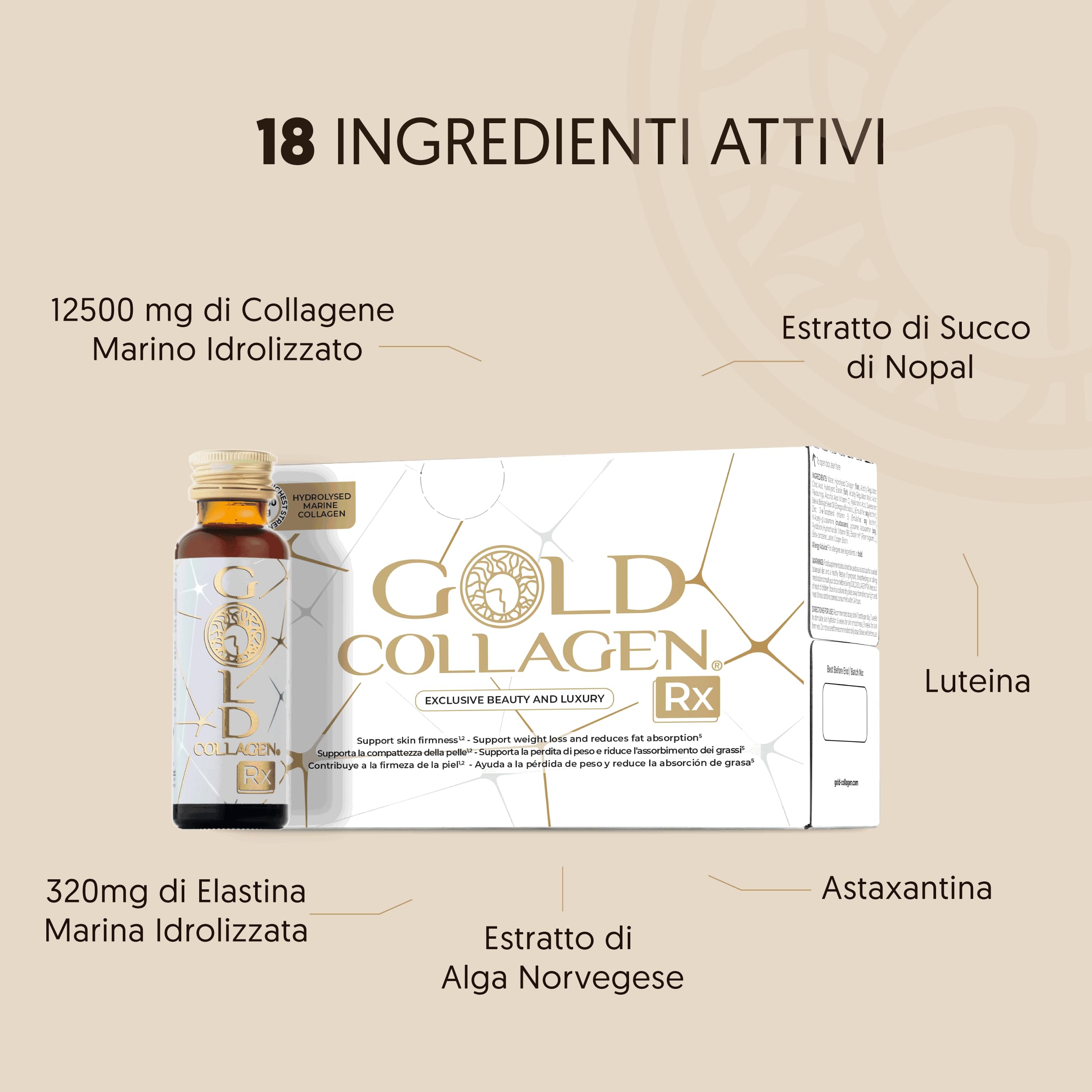 GOLD COLLAGEN RX – Integratore Liquido Collagene Marino con Acido Ialuronico, Vitamina C, E, B6, Biotina Capelli Pelle Unghie – Controllo e Perdita Peso, Antirughe e Antiossidante, 1 Pack 10x50ml