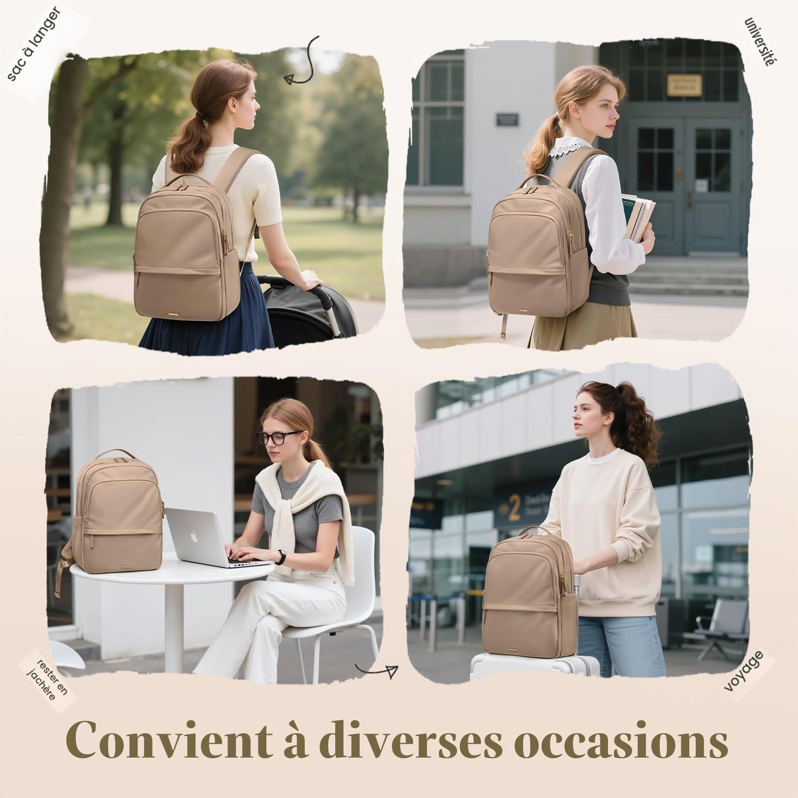 GOLF SUPAGS Sac à Dos pour Ordinateur Portable de 15.6 Pouces, Multifonctionnel Sac a Dos Femme Voyage, Sac a Dos Avion, Sac à Dos Collège, pour Voyage, Travail, Université (Champagne)