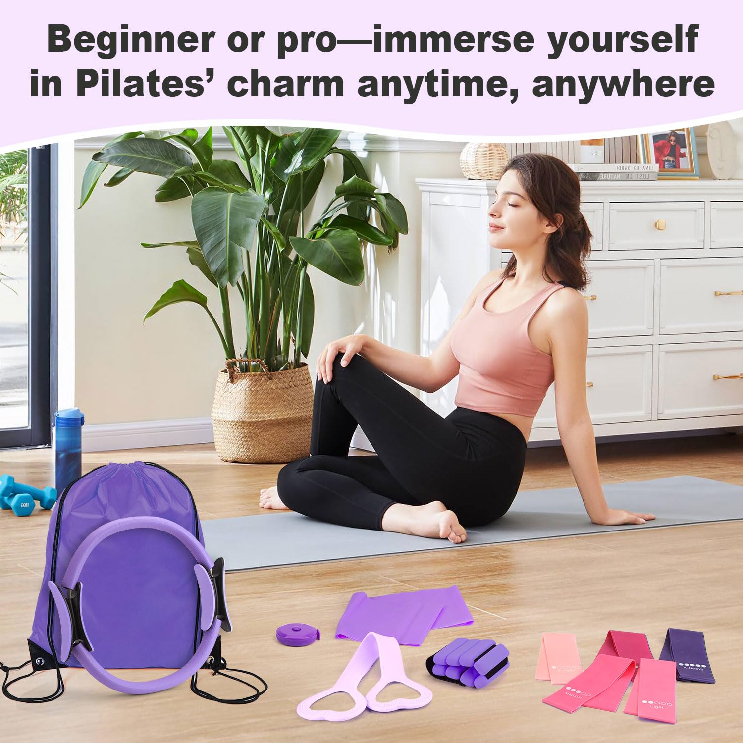 Pilates Set für Zuhause , 14PCS Pilates Set Fitness Zubehör Set mit Pilatesring, Yogaball, Widerstandsbändern, Fußmassagesocken, Verstellbare Gewichtsbinde Maßband für Training Zuhause, Yoga, Bein
