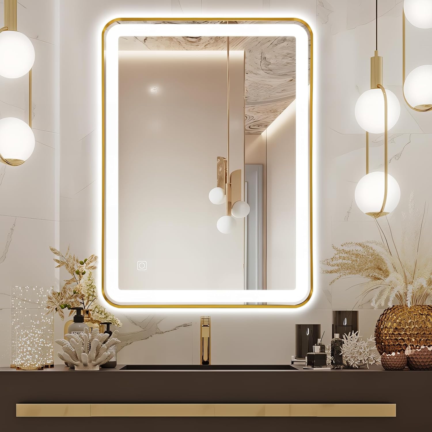 24"x32" Gold LED Mirror for Bathroom, Metal Frame Metal frame Rectangle Mirror with Rounded Edges, Stepless Dimmable Wall Mirrors with Anti-Fog, IP65 Waterproof, UL-Listed(Horizontal/Vertical) Gold 32"L x 24"W