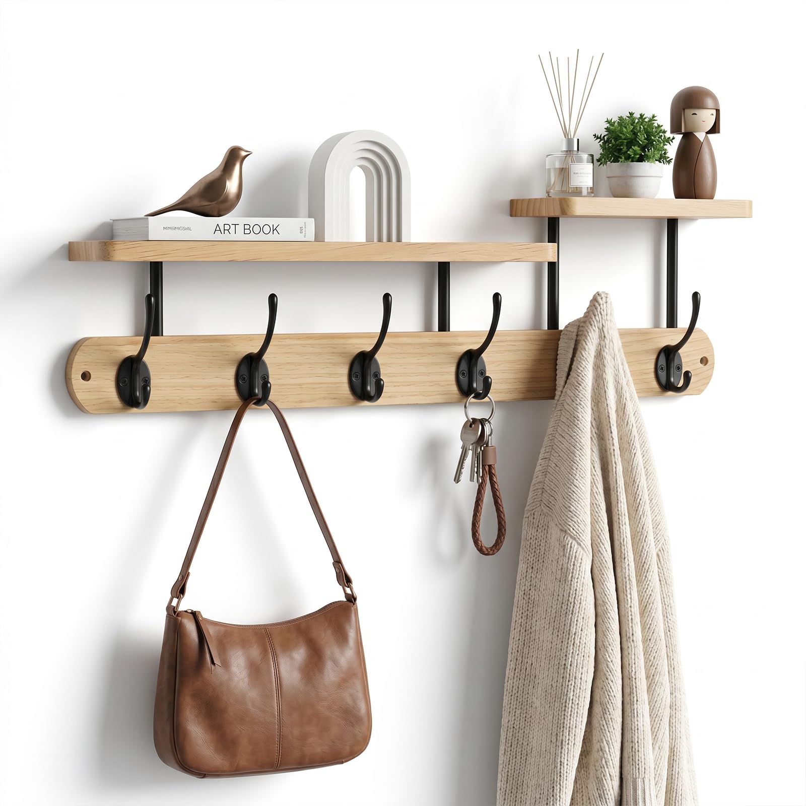 Percheros Pared con Estante 59cm - Perchero de Pared Madera Natural con 6 Ganchos Dobles y 2 Niveles de Balda, Percha Pared para Entrada, Pasillo, Hall y Sala de Estar