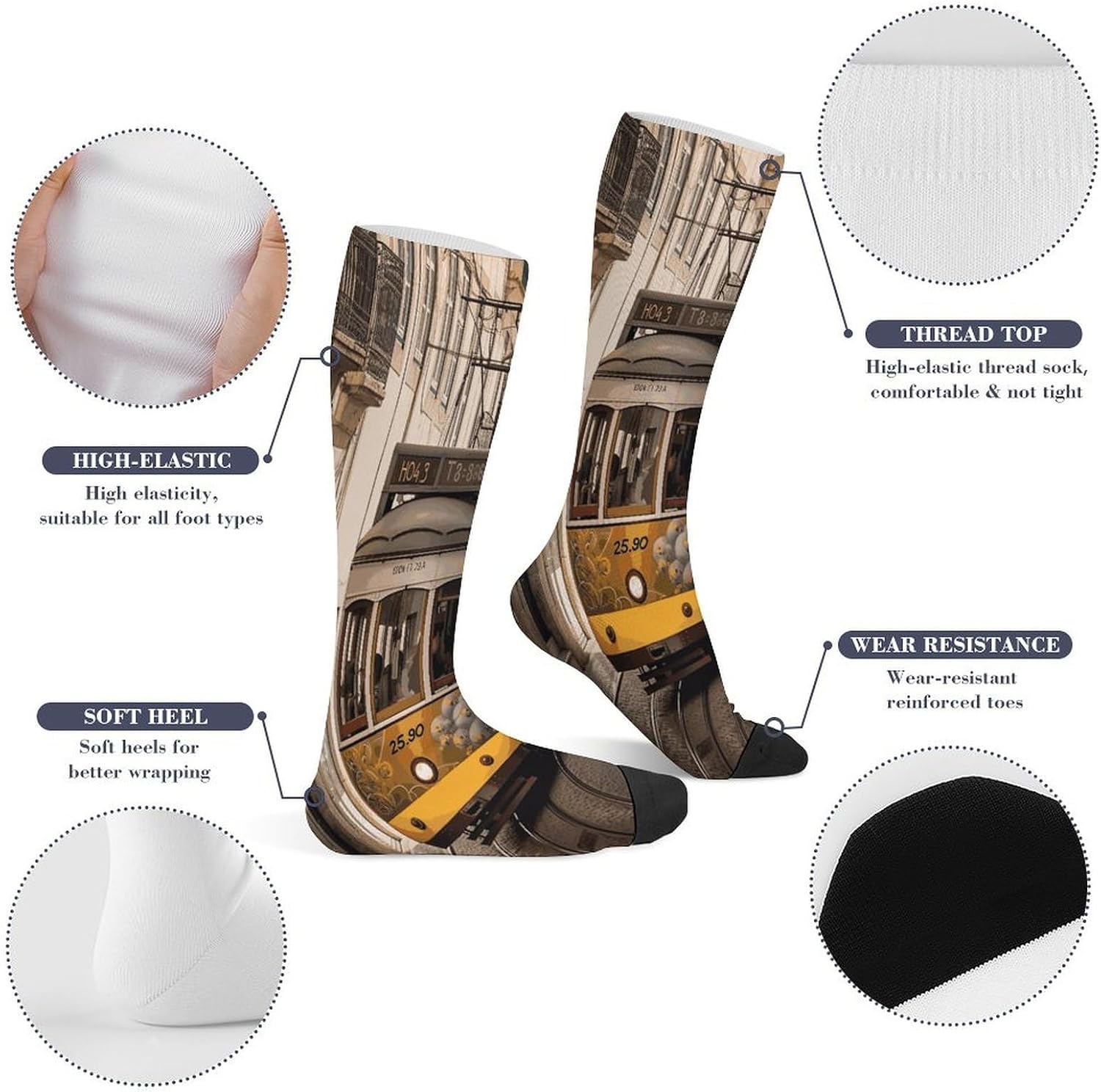 Lisbon Tram Socks Casual Athletic Long Sock Lightweight Sport Crew Sock Cozy Work Boot Socks for Hiking Sports Running Workout Gym