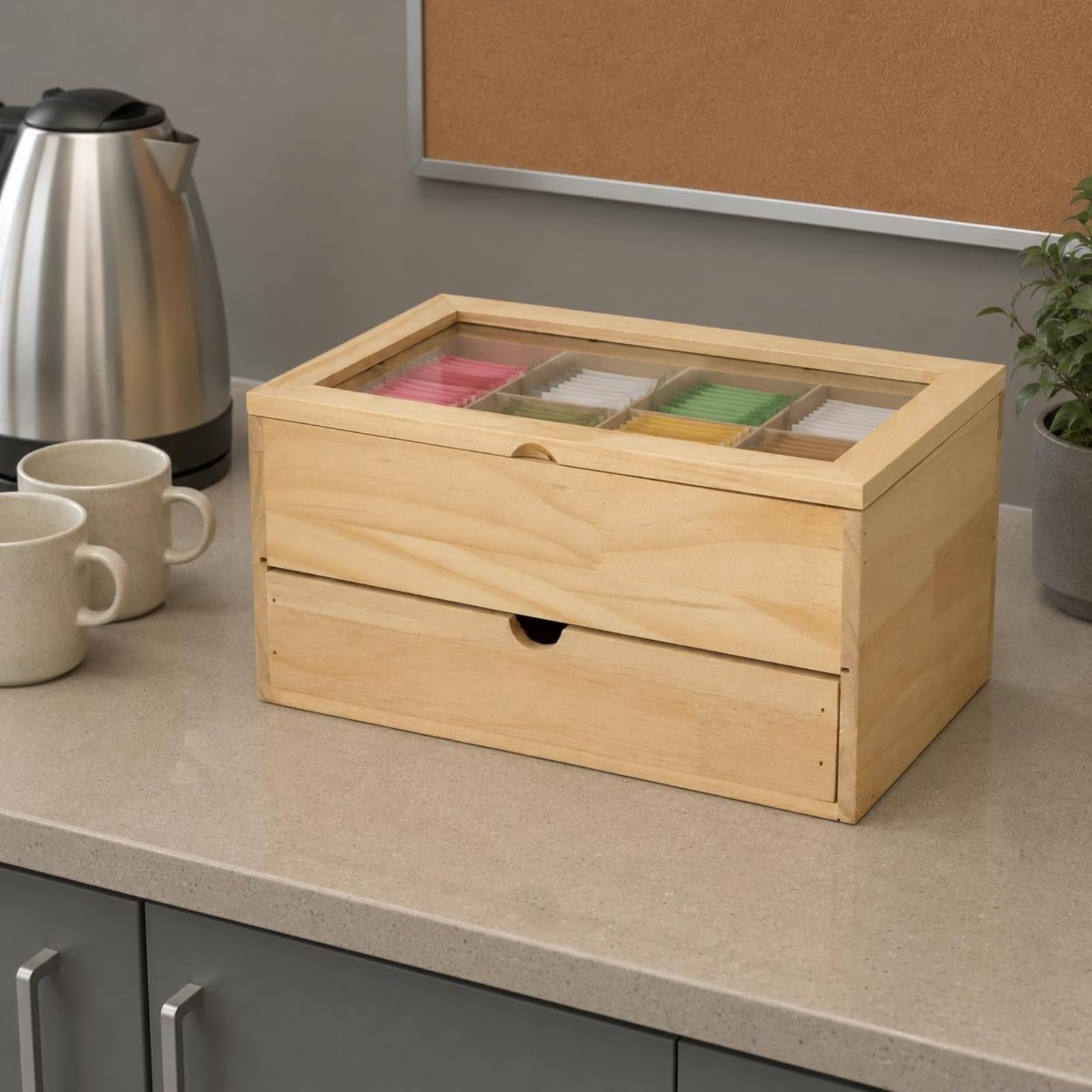 Qianly Boîte Thé Bois Double Niveau Boîte Compartimentée Gain Place Rangement Maison pour Bureau, Noir