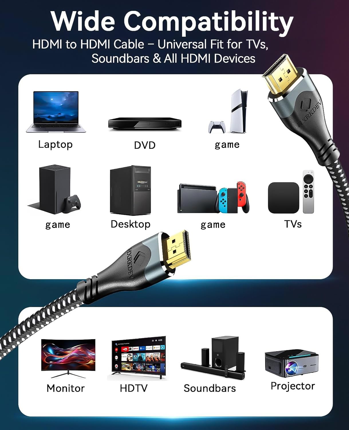 Cable HDMI de alta velocidad, 18 Gbps, 4K 60HZ UHD 2160p, conectores chapados en oro de 24 quilates, trenzado de nailon compatible con laptop, monitor, PS5, PS4, Xbox One, Fire TV y más (100
