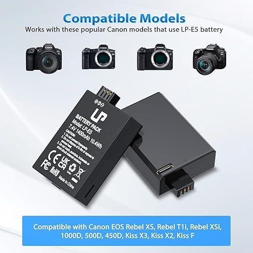 Vista 24 de LP Paquete de baterías E5, paquete de 2 baterías de 1600 mAh compatibles con Canon EOS Rebel XS, Rebel T1i, Rebel XSi, 1000D, 500D, 450D, Kiss X3, 2