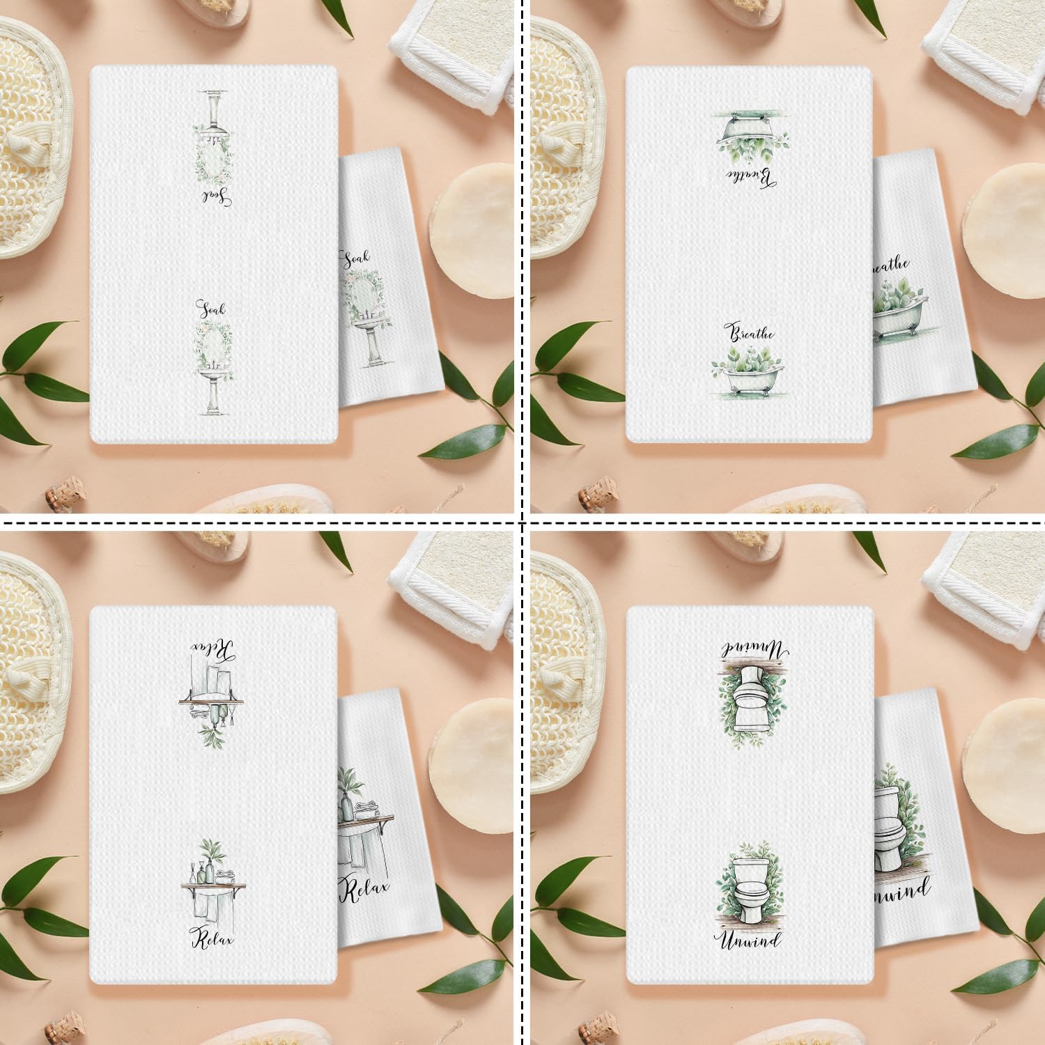 Boho Botanical Bathroom Hand Towels Set of 4, Relax Breathe Soak Unwind Decorative Hand Towels for Gym Yoga Spa Bathroom Decor, 16x24 Inches - Image 2