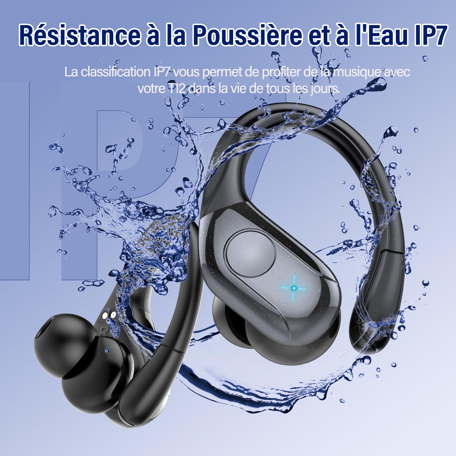 Qecnato Ecouteurs Bluetooth sans Fil, Ecouteurs Bluetooth 5.4 Stéréo avec ENC Réduction de Bruit Mic, 75H de Lecture Oreillette, IP7 Étanches Casque sans Fil pour Sport et Running, Noir