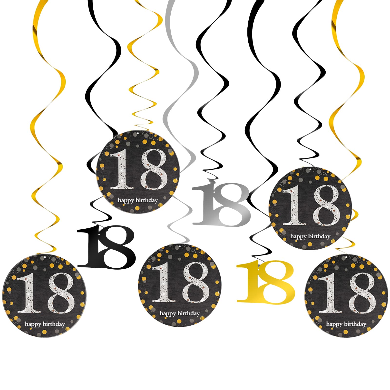 TJYAEKLTD 18.Geburtstag deko, 22 Stücke Schwarz Gold 18. Geburtstag Hängend Wirbel Dekoration, für 18 Geburtstag, Hochzeit, Jubiläum oder Partydeko