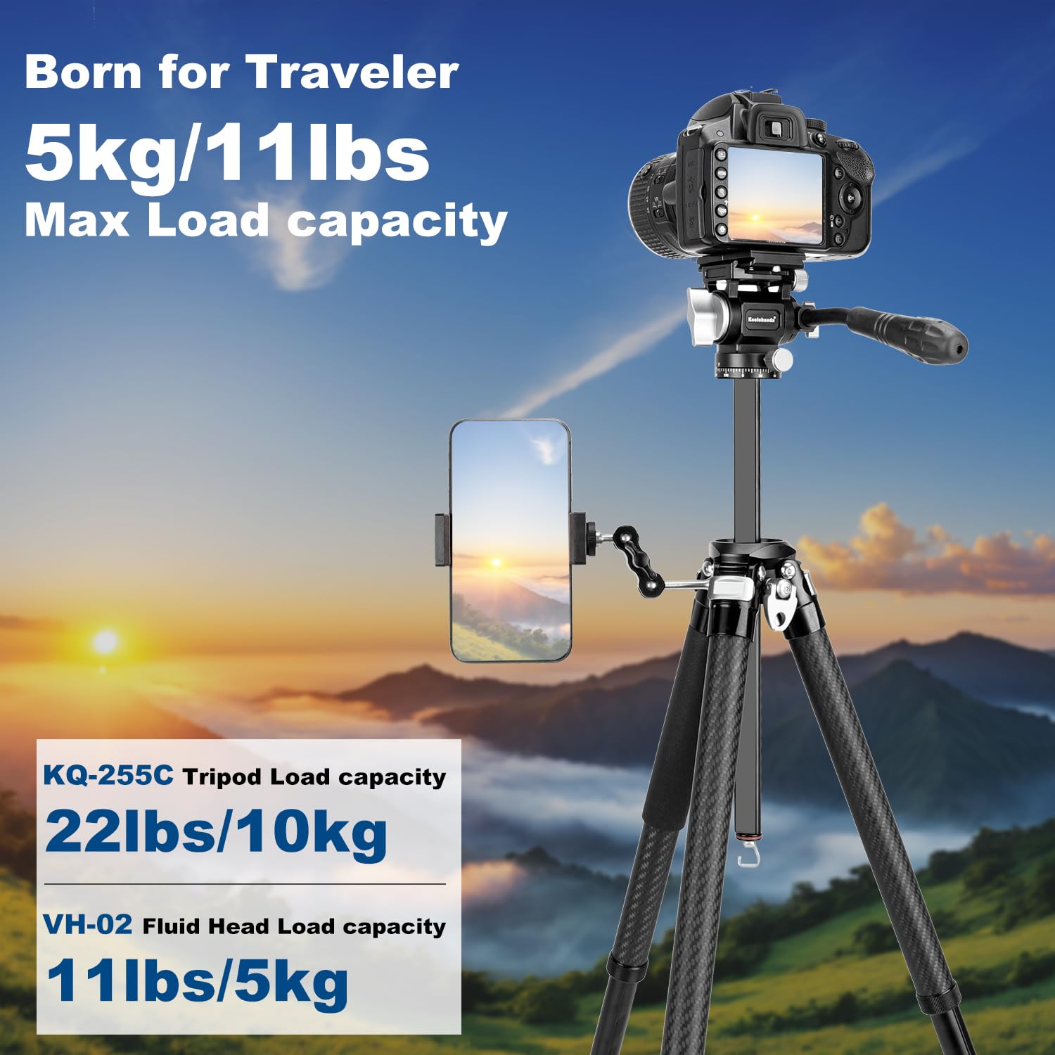 Koolehaoda Trípode de viaje de video, trípode de cámara de aluminio ligero de 63 pulgadas con cabezal fluido panorámico de 360°, configuración de pierna de liberación rápida para viajes, video
