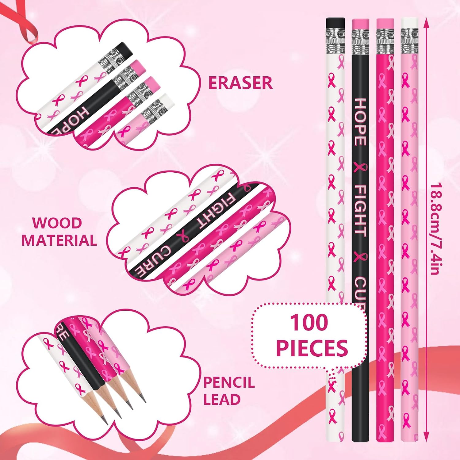 Whaline 100Pcs Breast Cancer Awareness Pencils Pink Ribbons Wood Pencils with Erasers Hope Fight Cure Pattern Writing Pencil for Women Charity Supplies, 4 Designs